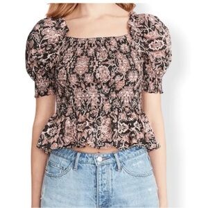 BB Dakota Steve Madden Top Large Puff Sleeve Shirred Paisley Floral Black Beach